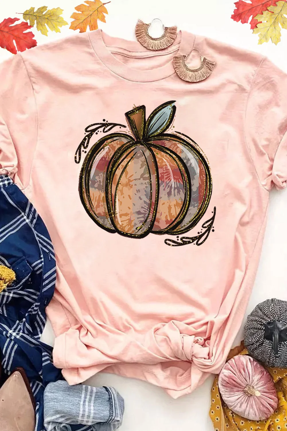 Pink Pumpkin Graphic Print Crew Neck T Shirt | IFYHOME