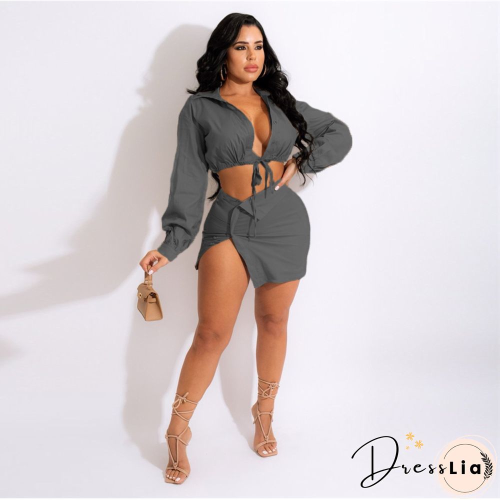 Lace Up Long Sleeve Shirt Crop Top Mini Skirt Set