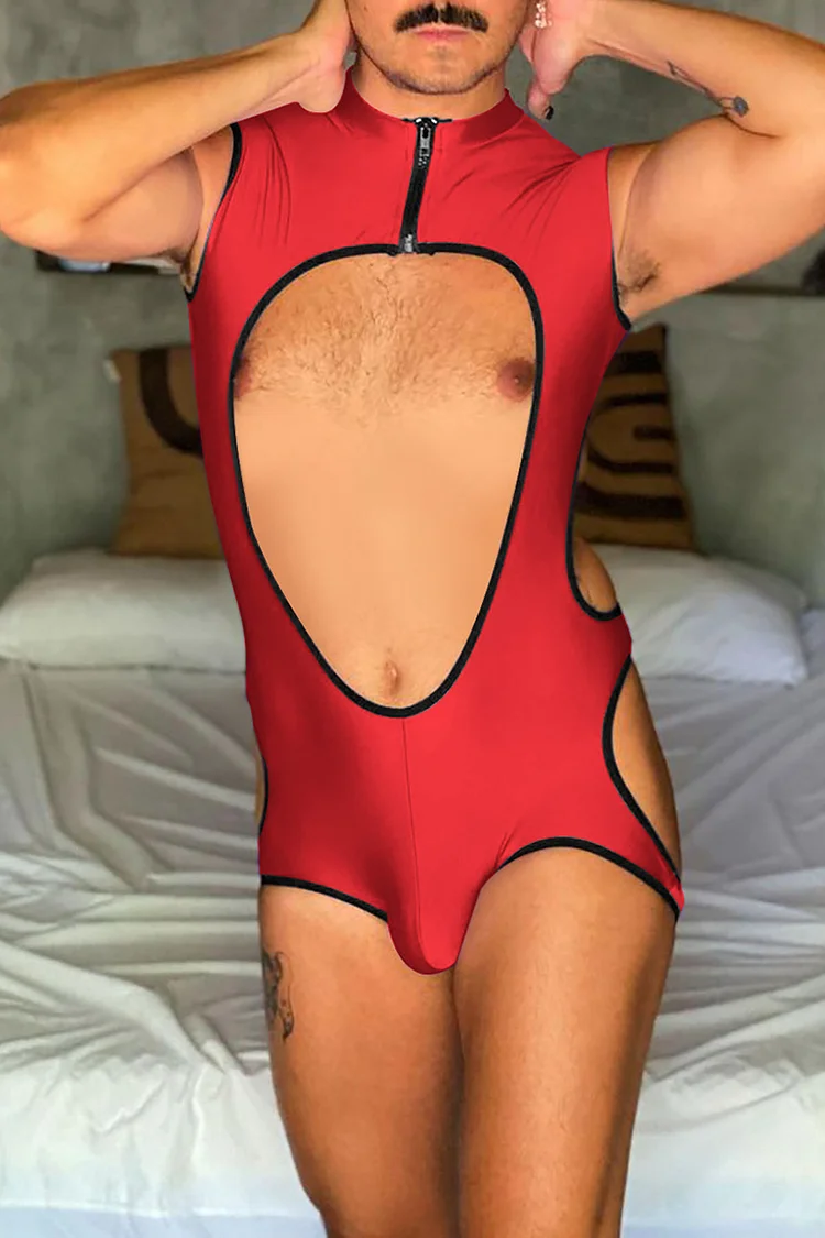 Ciciful Contrast Binding Cut Out Zipper Mock Neck Red Stretchy Bodycon Jockstrap Bodysuit