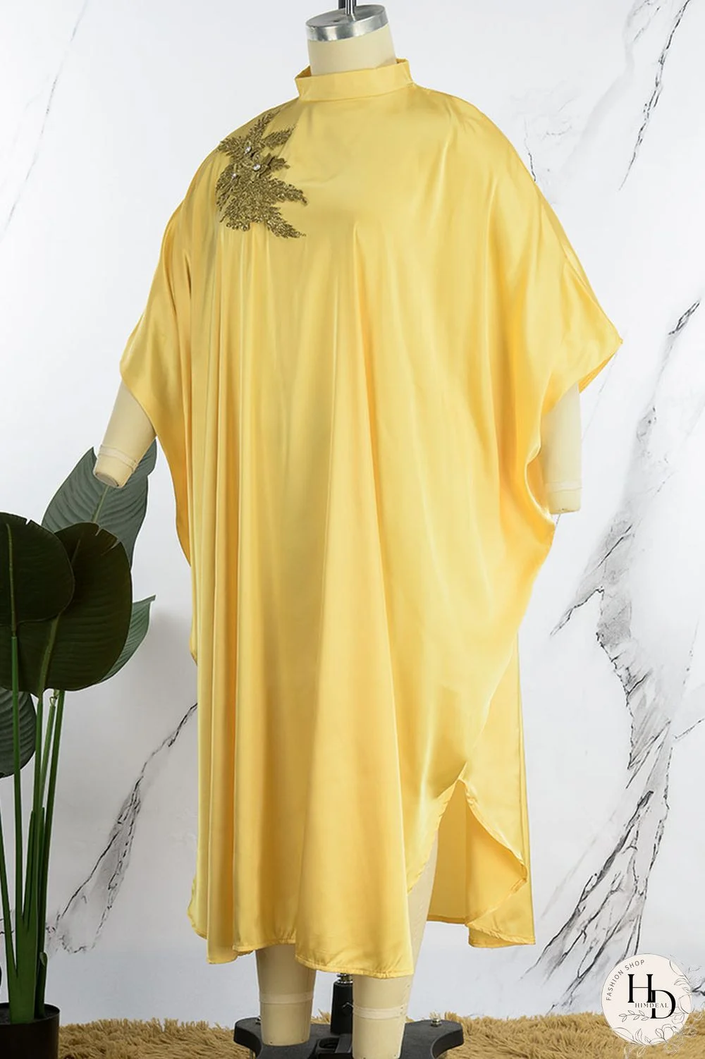 Yellow Casual Daily Solid Appliques Beading O Neck Long Dress Dresses