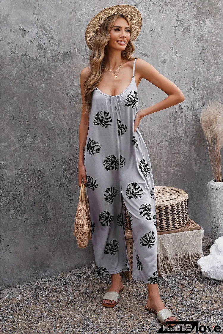 Summer Gray Palm Leaves Print Spaghetti Strap Wide Leg jumpsuit