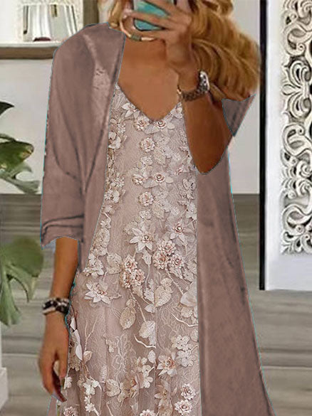 Women Half Sleeve V-neck Solid Color Dress