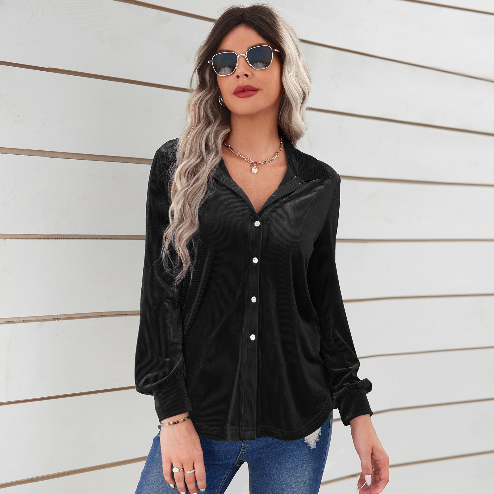 Mature Ladies Fashion Velvet Striped Shirt Loose Shirt