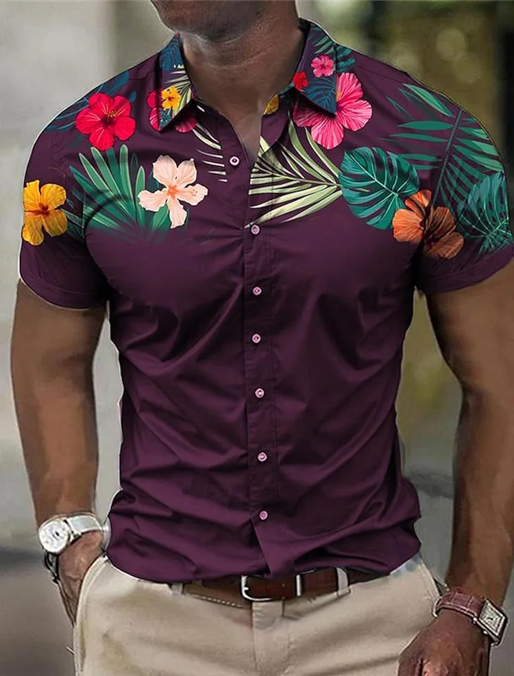 Kakacloud Men's Business Casual 3D Printed Floral Shirt Outdoor Street Wear to work Summer Turndown Short Sleeves 4-Way Stretch Fabric
