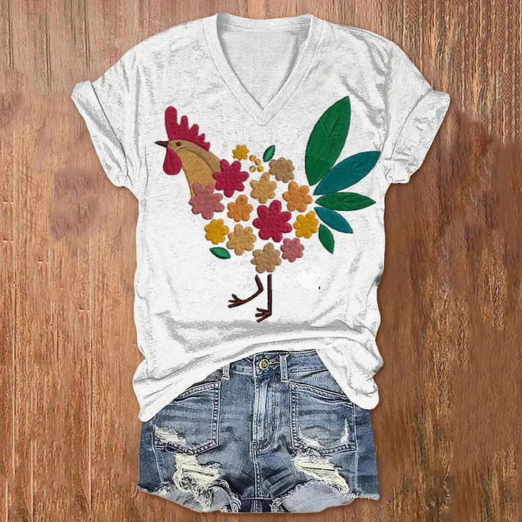 Chicken Embroidery Pattern Short Sleeve V Neck Tee