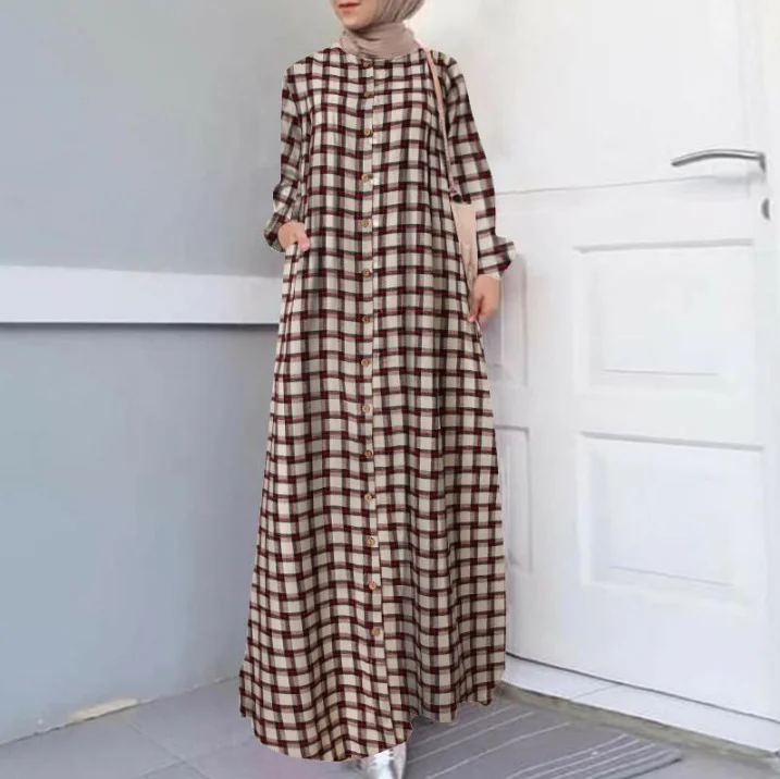 Ethnic Long Sleeve Loose Cardigan Temperament Plaid Cotton and Hemp Long Dress Linen Dresses
