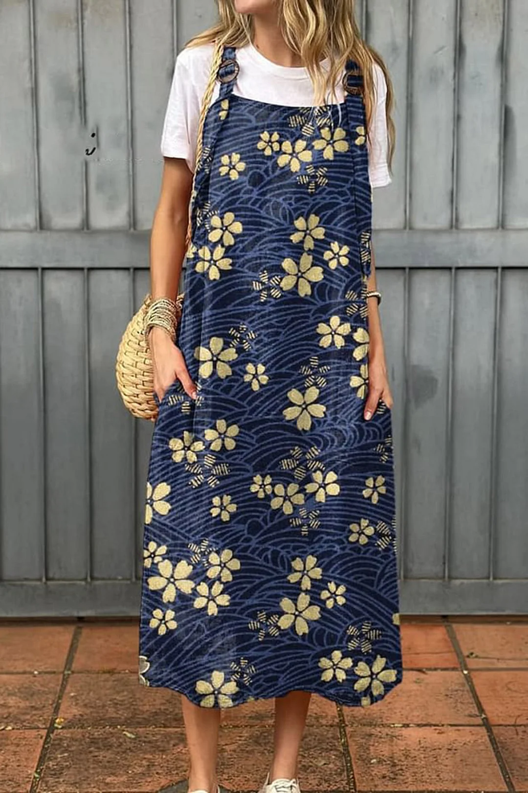 Women's Vintage Flowers Pattern Art Print Cotton Pocket Suspender Dress