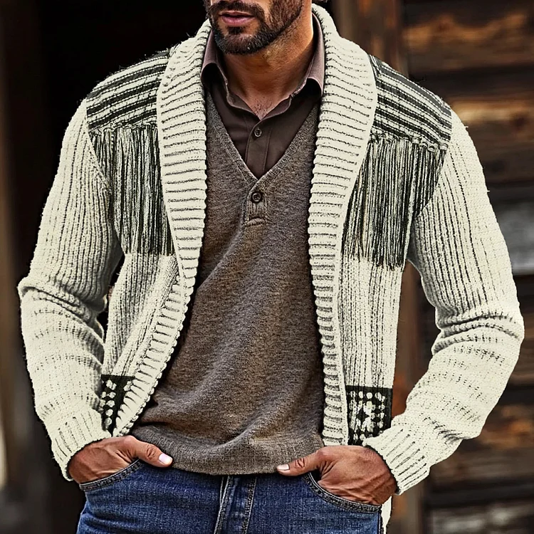 VChics Men'S Vintage Tassels Knitted Jacquard Cozy Sweater Cardigan