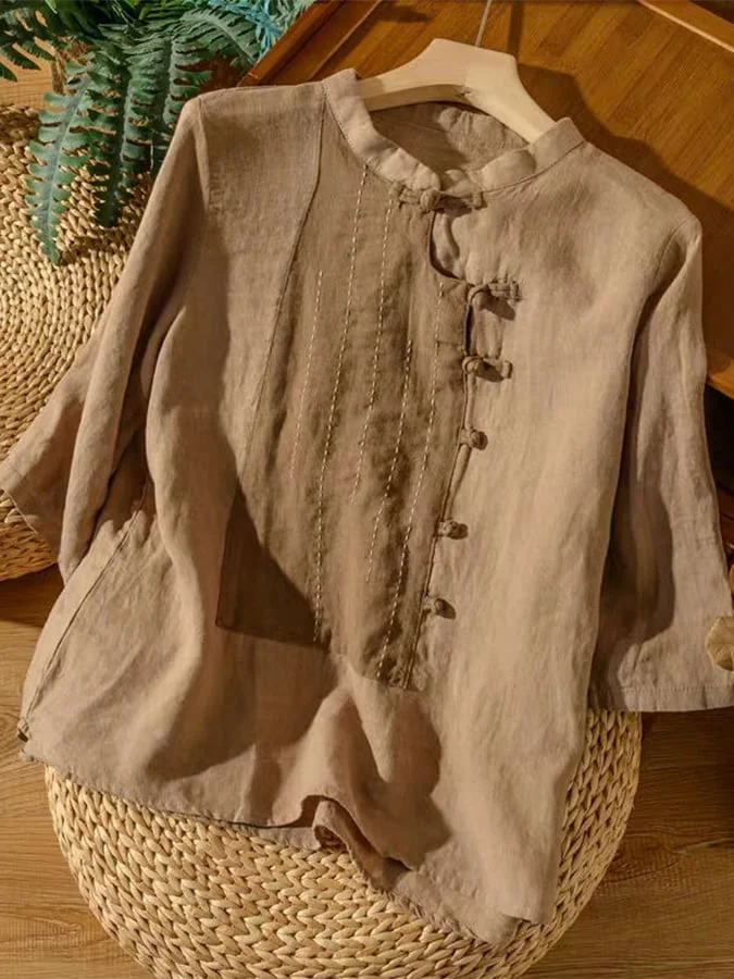 Women's Cotton Vintage Plate Buttoned Seven-Point Sleeve Casual Standing Collar Shirt