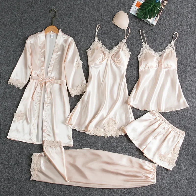 Akayes 5 Pcs/Set Spring Sleepwear Ice Silk Robe Sleep Pajama Set Women's Ventilate Satin Pajamas Gown V-Neck Casual Wear Home Nightwear