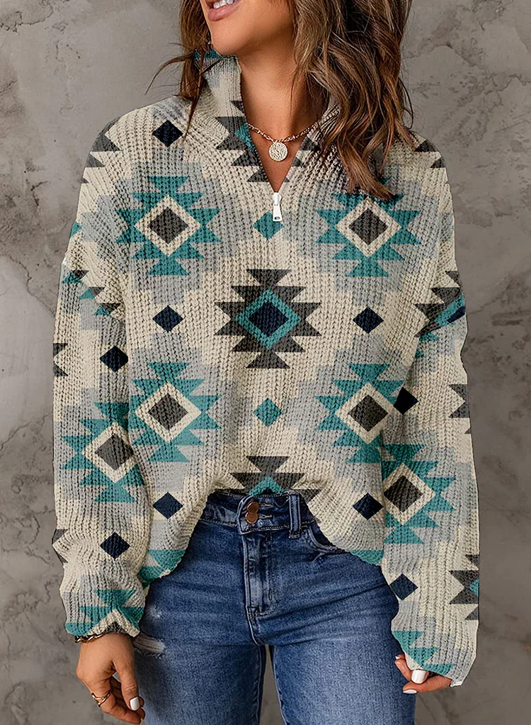 Women's Retro Ethnic Print Zipper Collar Sweater 