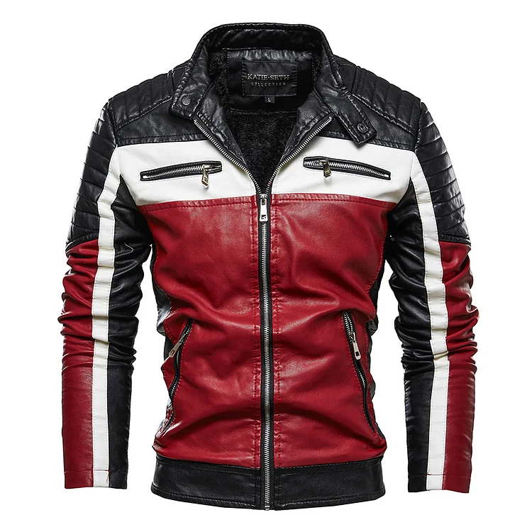 Utbros Men'S PU Color Block Motorcycle Jacket