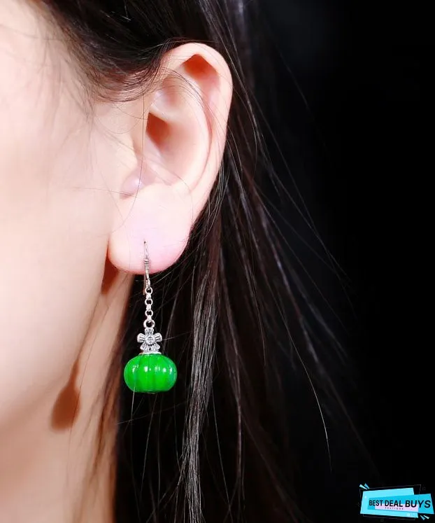 Vintage Green Sterling Silver Jade Pumpkin Drop Earrings