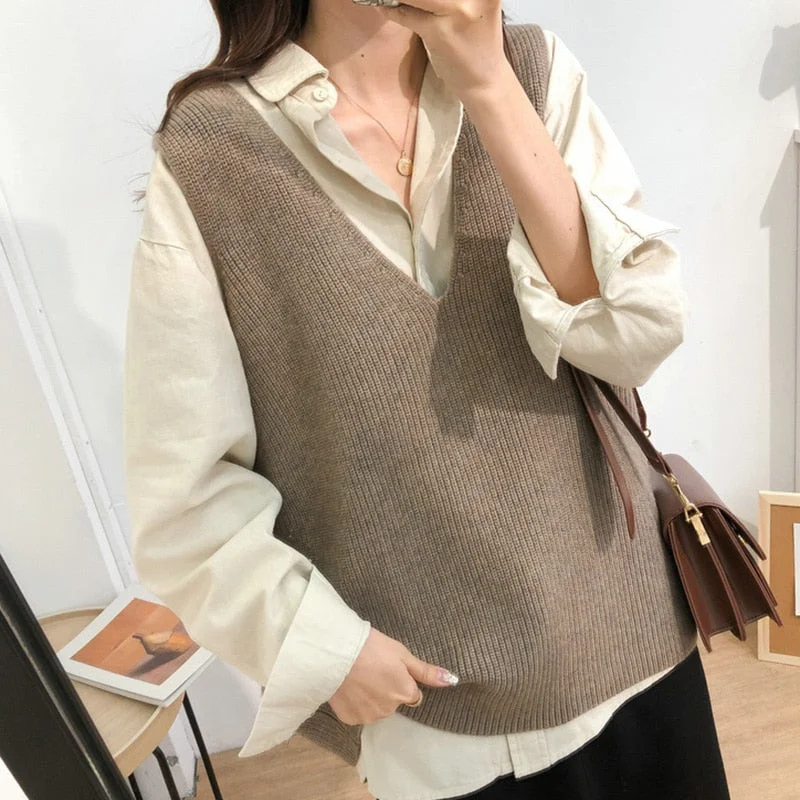 Sleeveless Knitted Sweater Vest Women Autumn Winter 2021 Loose Cashmere Pullover Women Sweaters Vintage V-neck Jumper Vest 16798