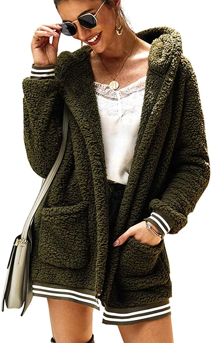 Women Faux Coat Winter Warm Casual Fleece Shaggy Stripe Long Sleeve Hooded Cardigan with Pockets