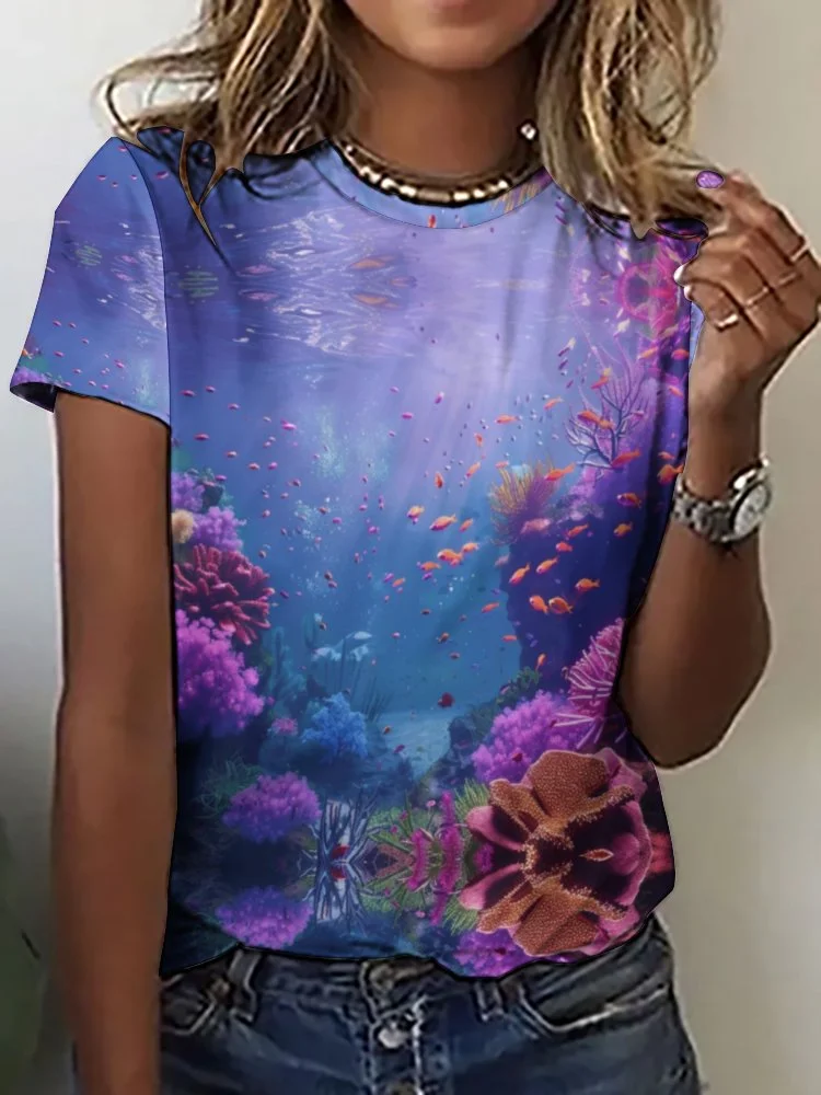Printed Short Sleeve Casual T-shirt for  Women and Men Unisex Pattern Ocean, Blue, Sea, Fish