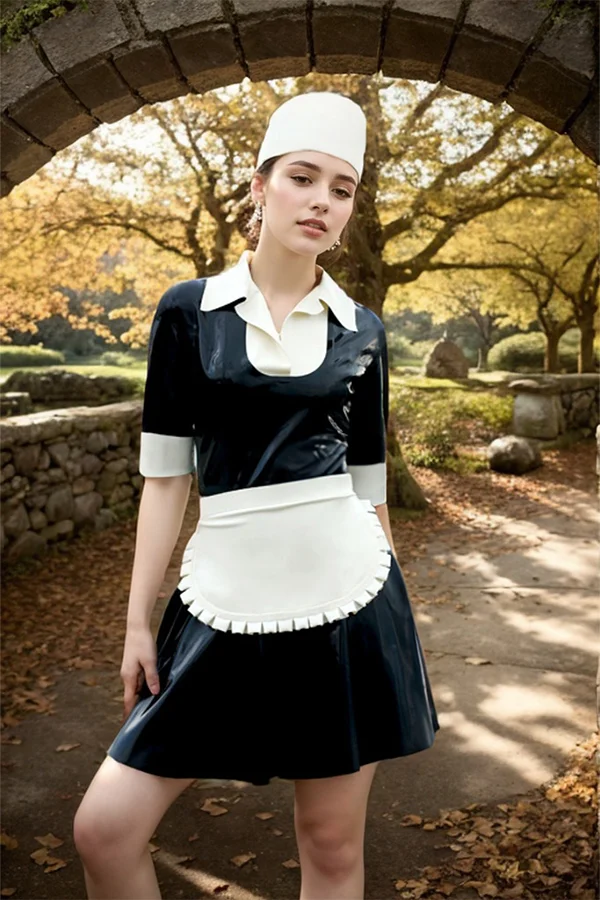 Women Latex Dress French Maid Uniform Black & White Retro Style