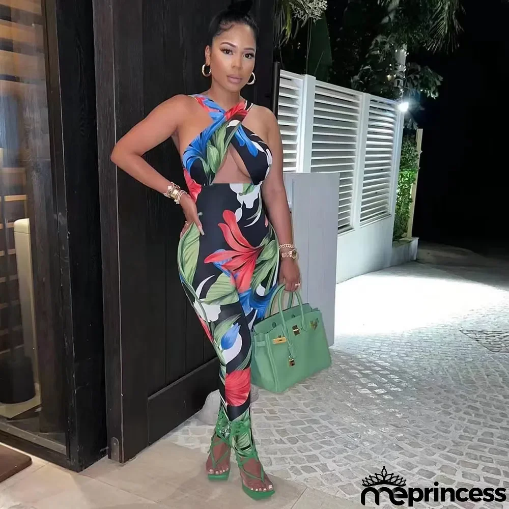 Women Sexy Printed halter neck hollow out Jumpsuit
