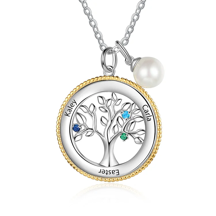 Personalized Family Tree Necklace Custom 3 Birthstones with Pearl Necklace for Her