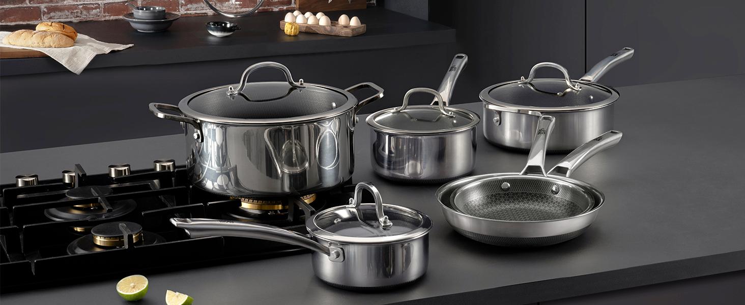 SNOWCLAD 10-Pcs & 14-Pcs Hybrid Cookware Set with Lids – Nonstick Stainless Steel Pots and Pans Set, Dishwasher Safe, Induction Ready, Non-Toxic & PFOA Free #SummerWins