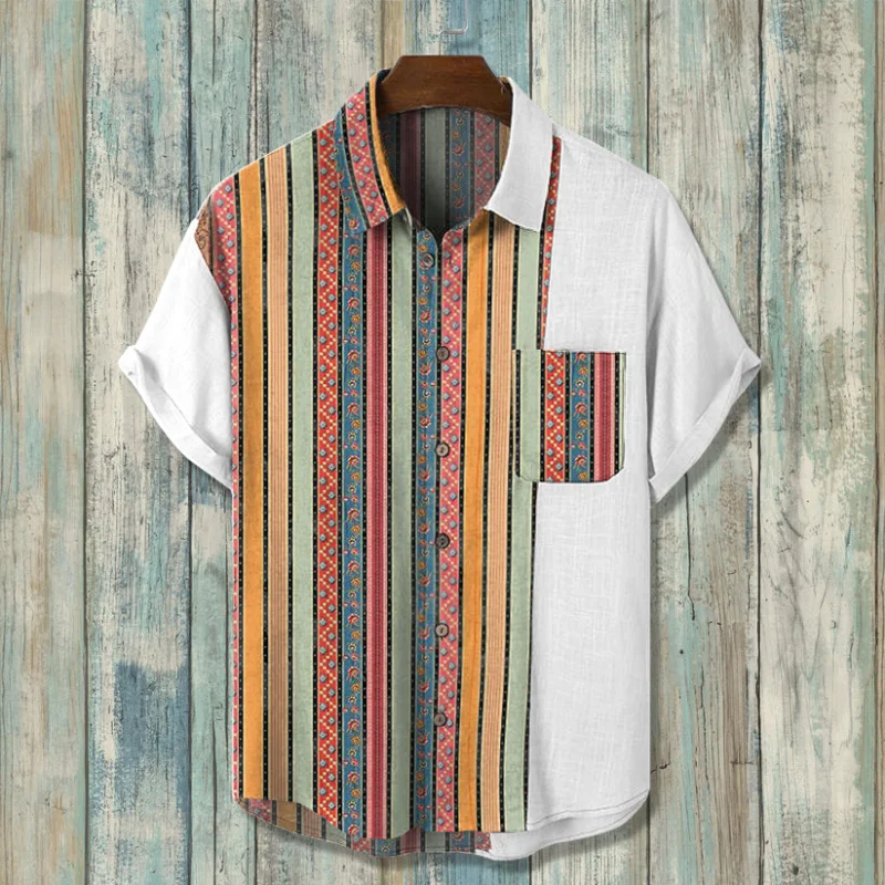 Men's multicolor vintage pattern cotton linen shirt