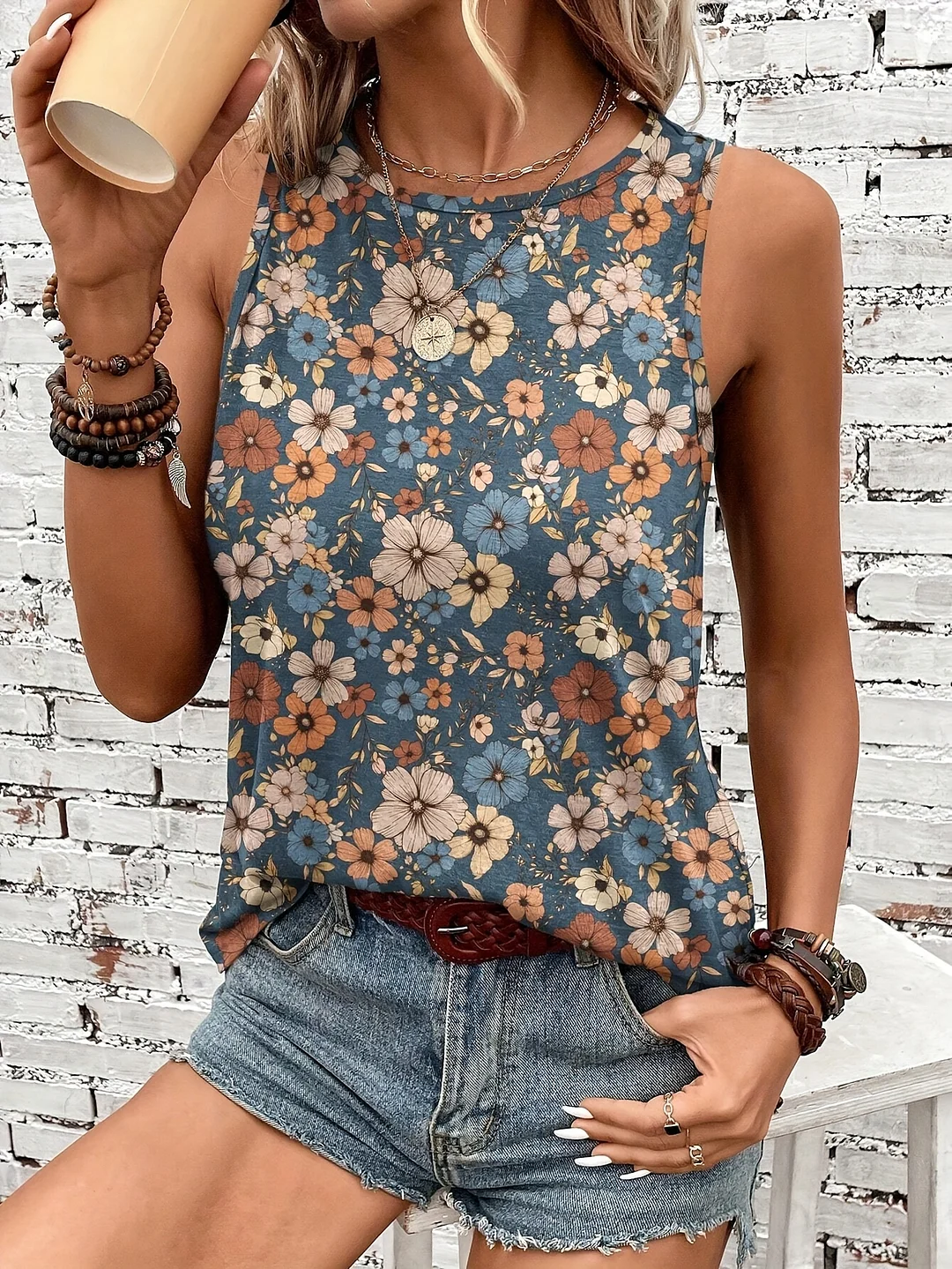 Semi-Sheer Lightweight Women's Summer Retro Floral Print Sleeveless Tank Top | Machine Washable For Casual & Beach Outfits, Summer Tank Tops, Beachwear Essential, No Stretch Fabric | IFYHOME