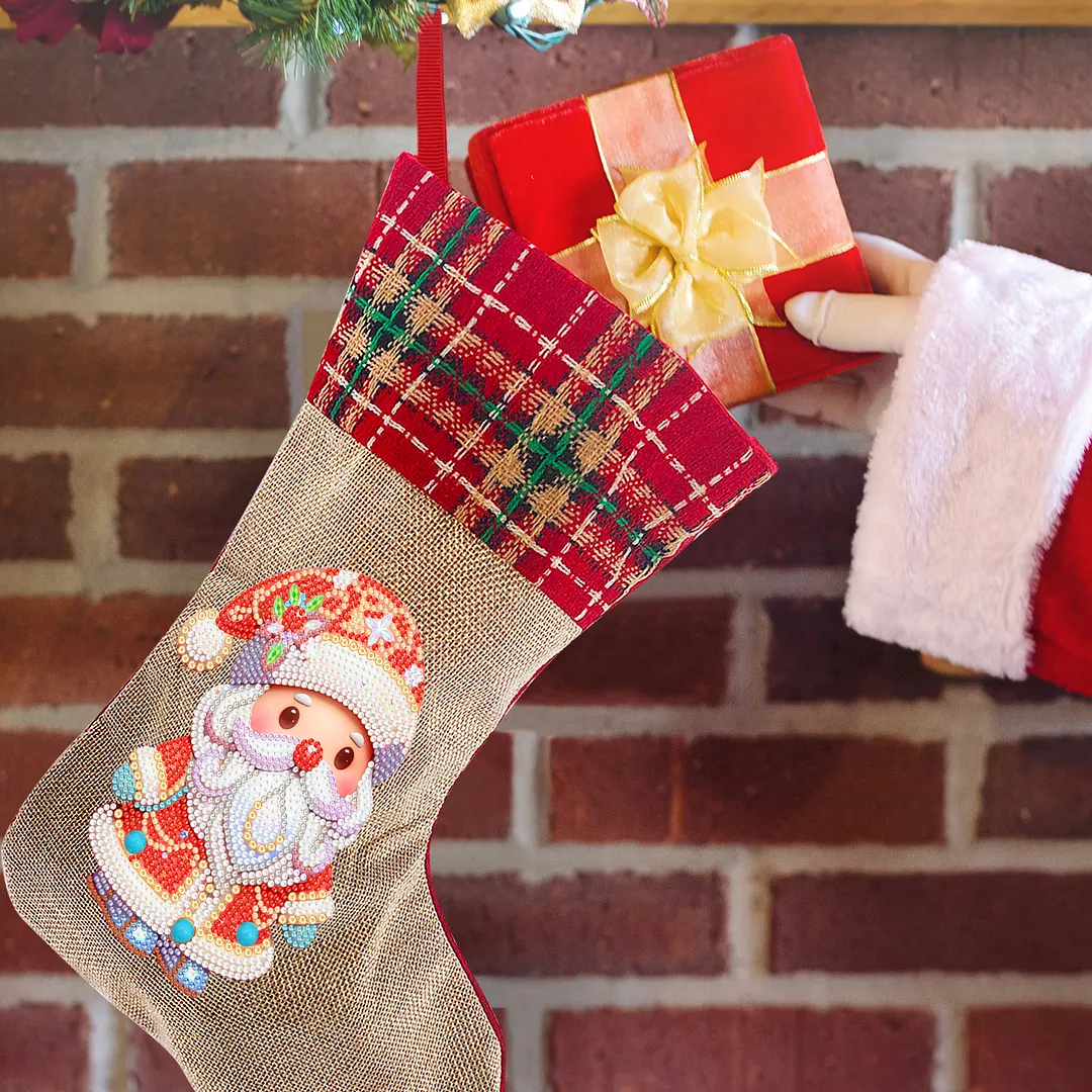 DIY Diamond Painting Christmas Stockings Hanging Ornaments Large Capacity Xmas Socks Pendant Wear Resist Candy Gift Storage Bags for Family Christmas Holiday Party Decoration (Santa Claus)