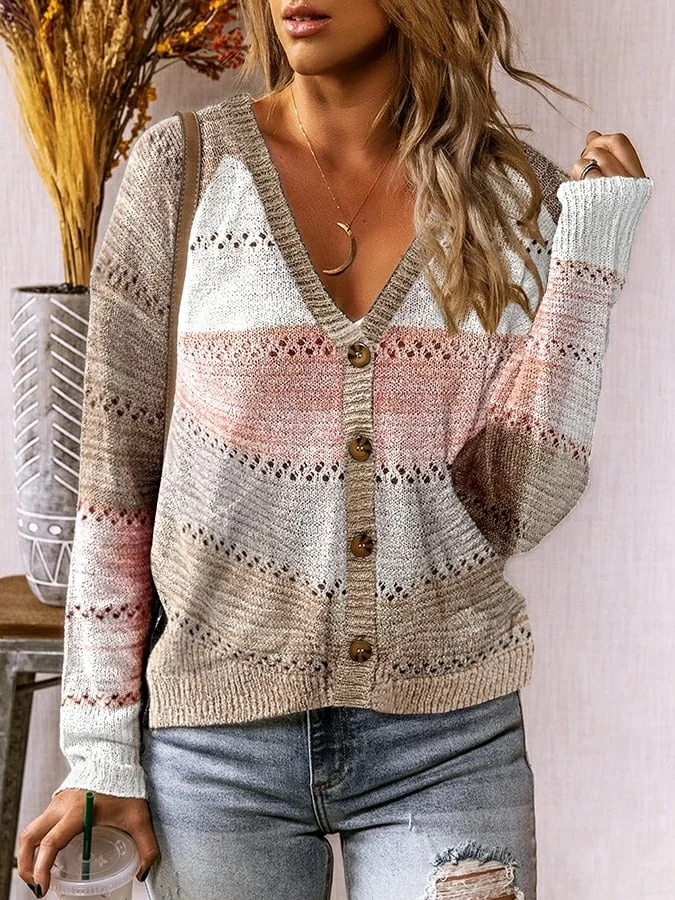 Fashion V-neck Cutout Stripe Button Front Sweater