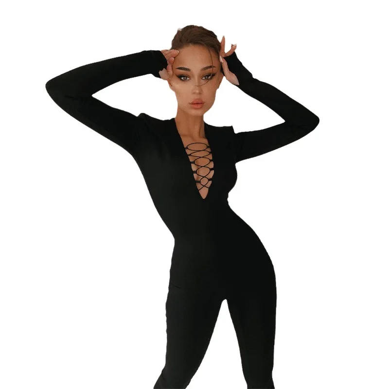 Uveng Uveng 2023 New Hollow Cross Strap Design Small Long Sleeve Bottom Solid Color Jumpsuit
