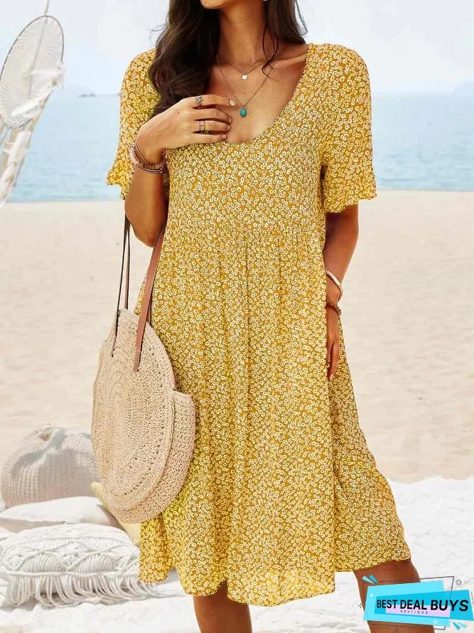 Casual Floral Summer V neck No Elasticity Daily Midi Short sleeve A-Line Dress for Women