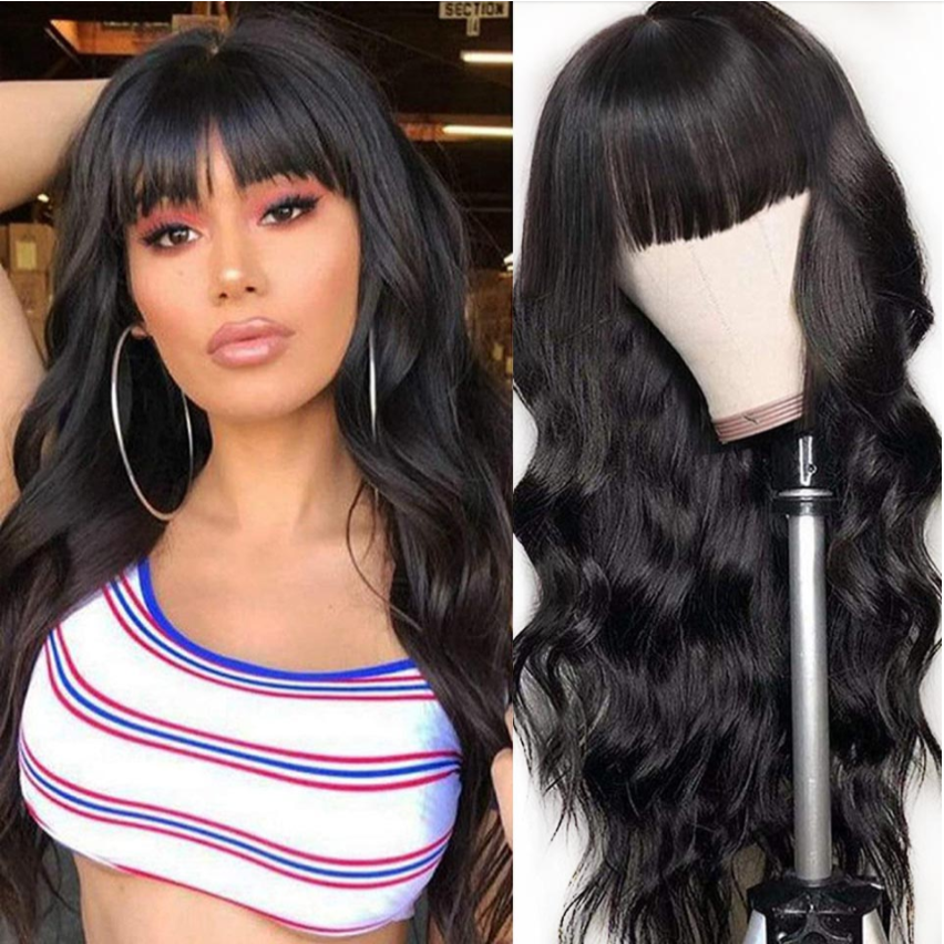 9A Brazilian Body Wave Human Hair Wigs With Neat Bangs Glueless Super Affordable Machine Made Virgin Hair Wig Bling Hair