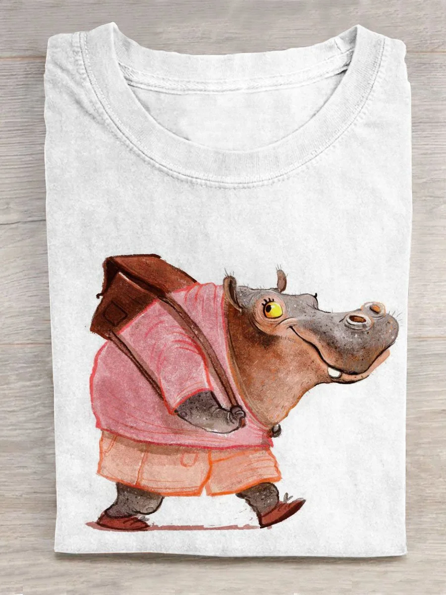 Cute Hippo Art Pattern Print Casual T-shirt