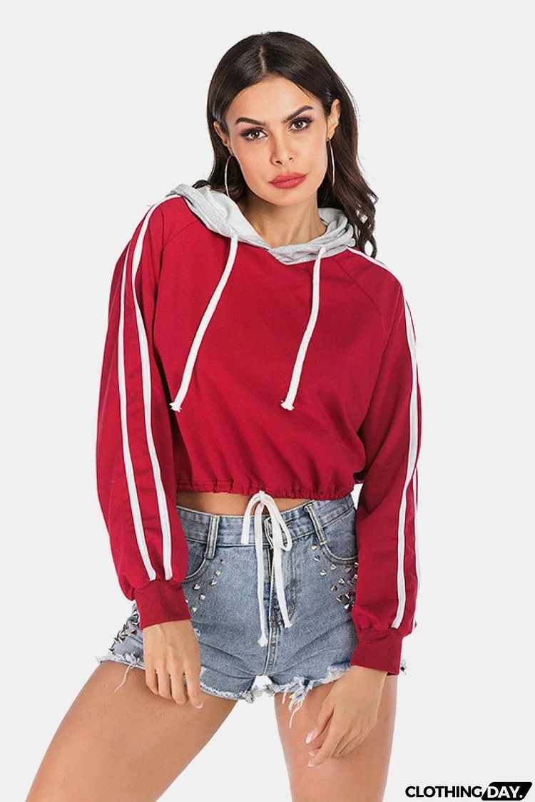 Full Size Side Stripe Drawstring Hem Cropped Hoodie