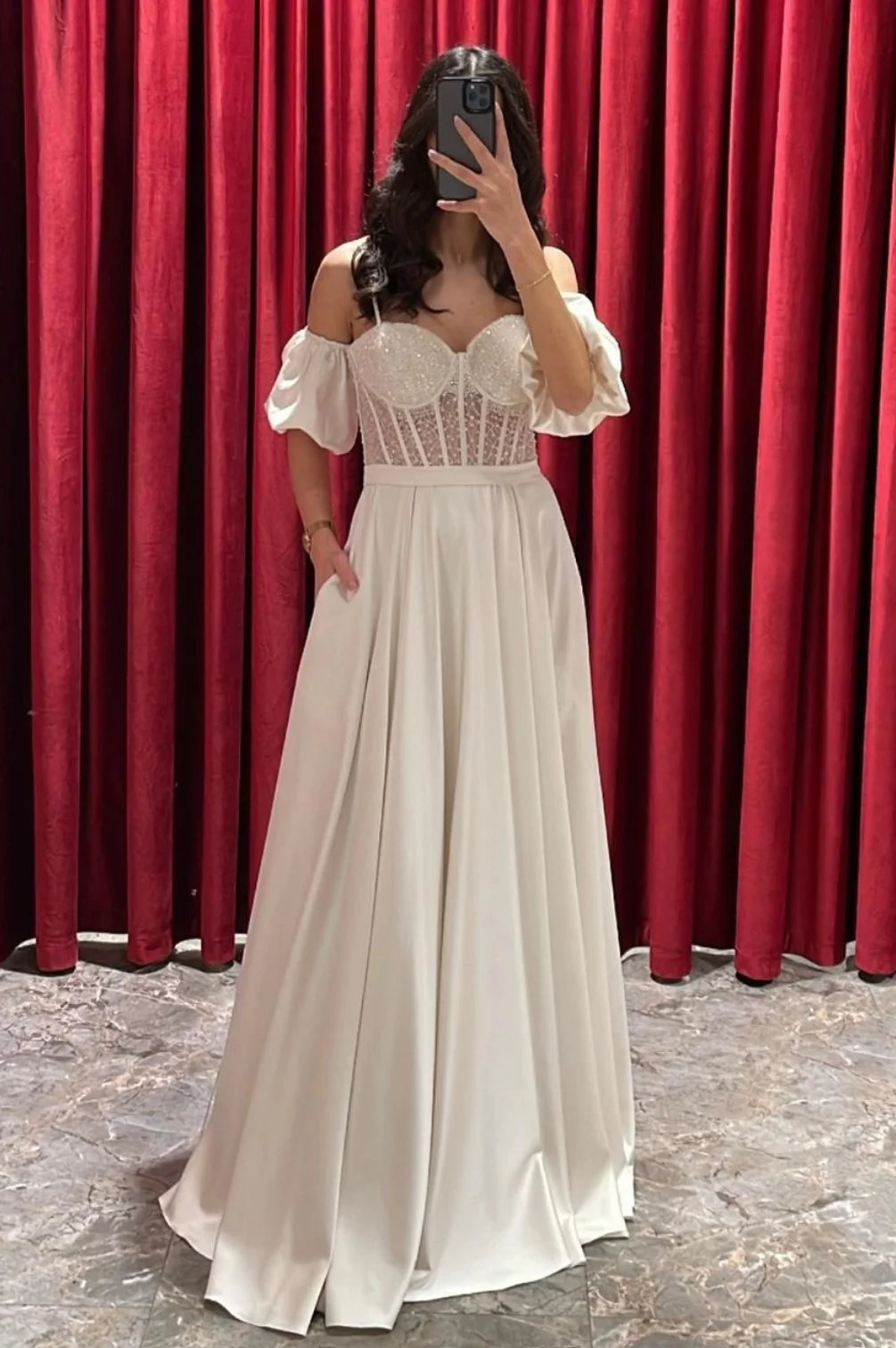 Classic Evening Dress White Spaghetti Strap Bubble Sleeves Long Jewel YL0121