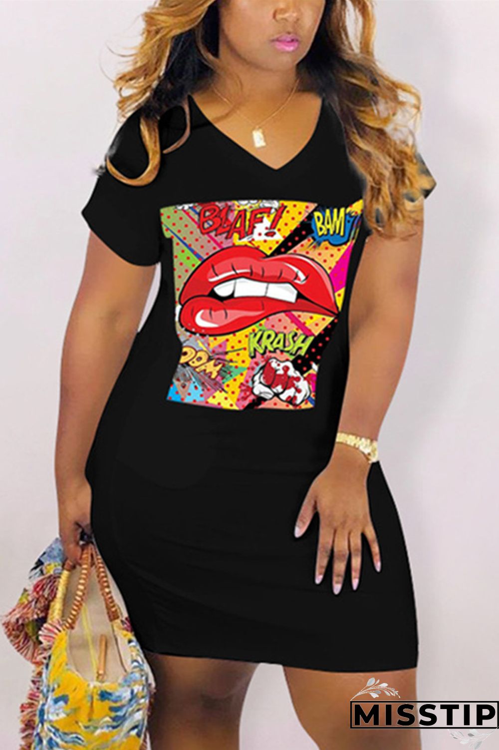 Orange Fashion Casual Printed V-neck Loose Dress