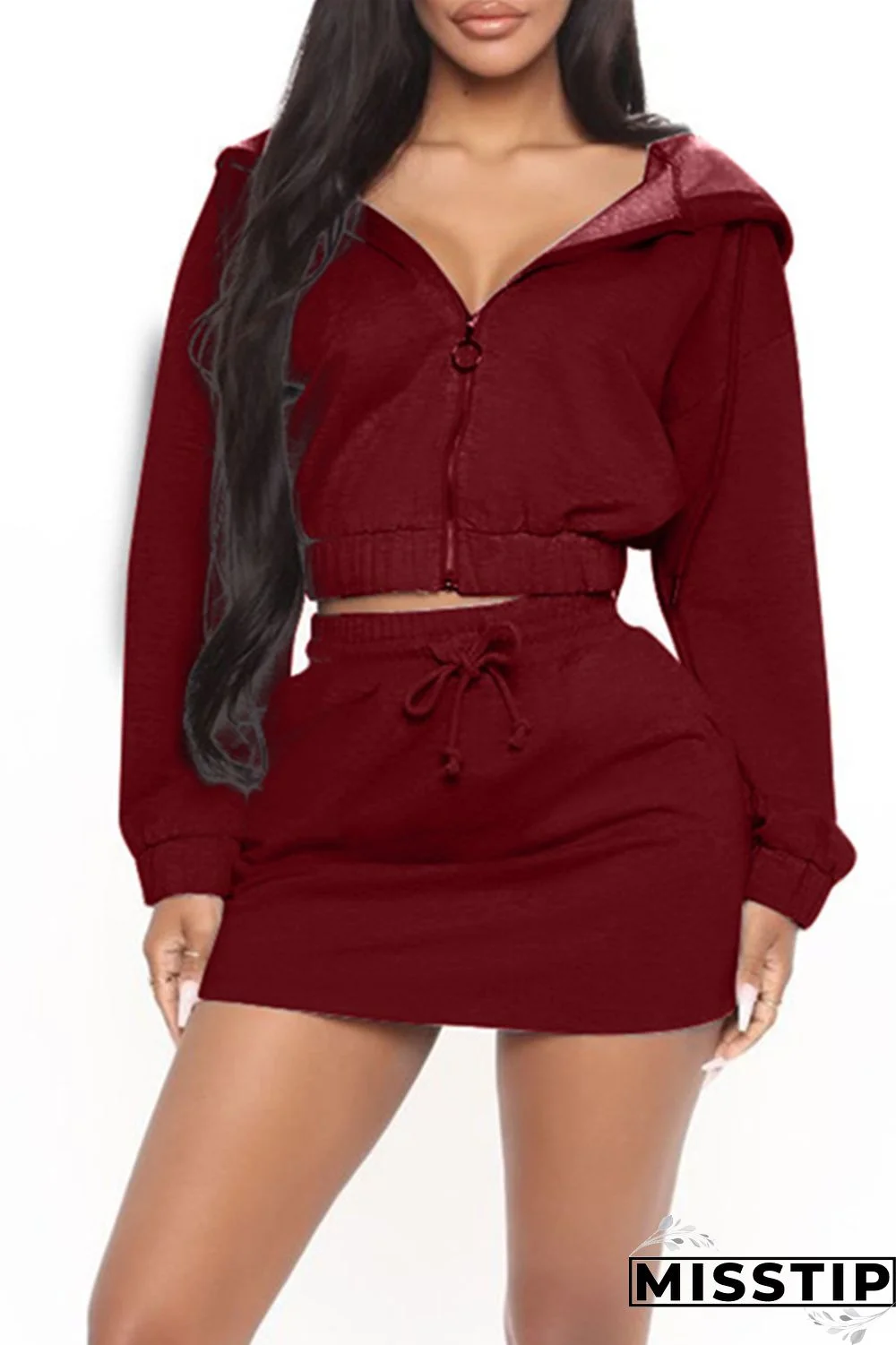 Burgundy Fashion Casual Solid Basic Hooded Collar Long Sleeve Two Pieces