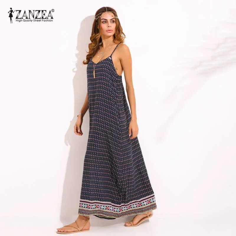 Summer  Maxi Long Dress ZANZEA 2022 Womens Sexy V Neck Spaghetti Strap Floral Print Beach Vestido Casual Sarafans Sundress