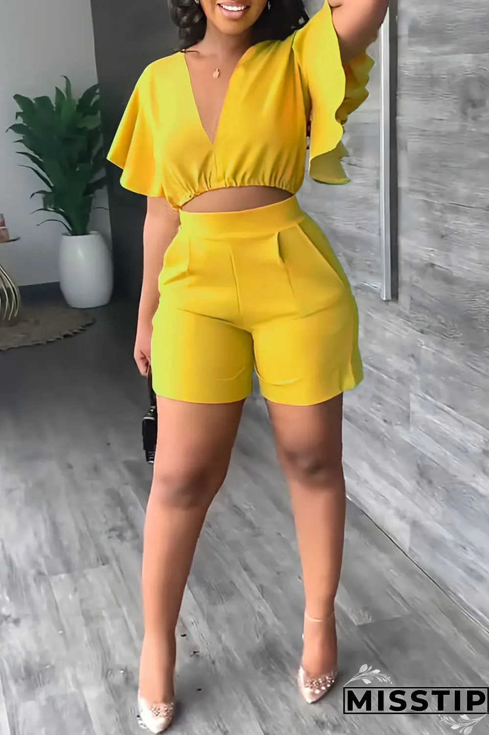 Yellow Casual Solid Patchwork Flounce V Neck Short Sleeve Two Pieces