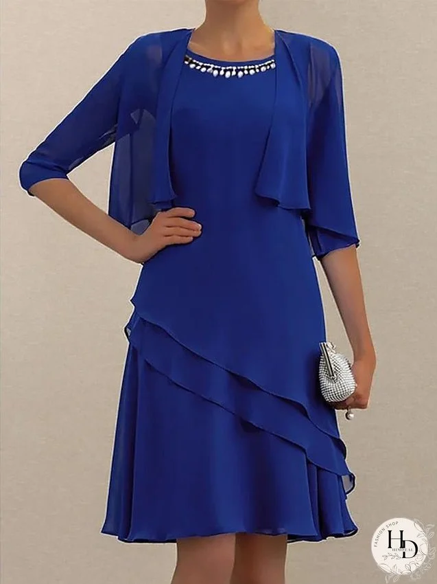 Women's Two Piece Dress Set Work Dress Chiffon Dress Office Work Fashion Elegant Ruffle Patchwork Mini Dress Crew Neck