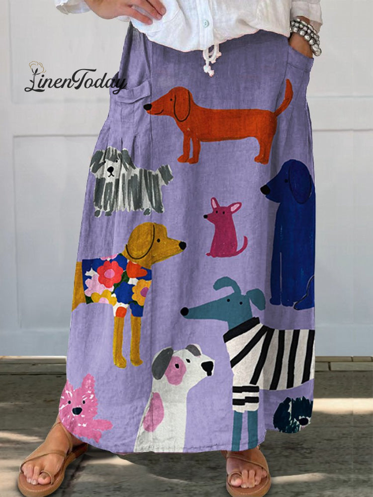Women’s Dog Art Print Linen Pocket Skirt Skirts / S