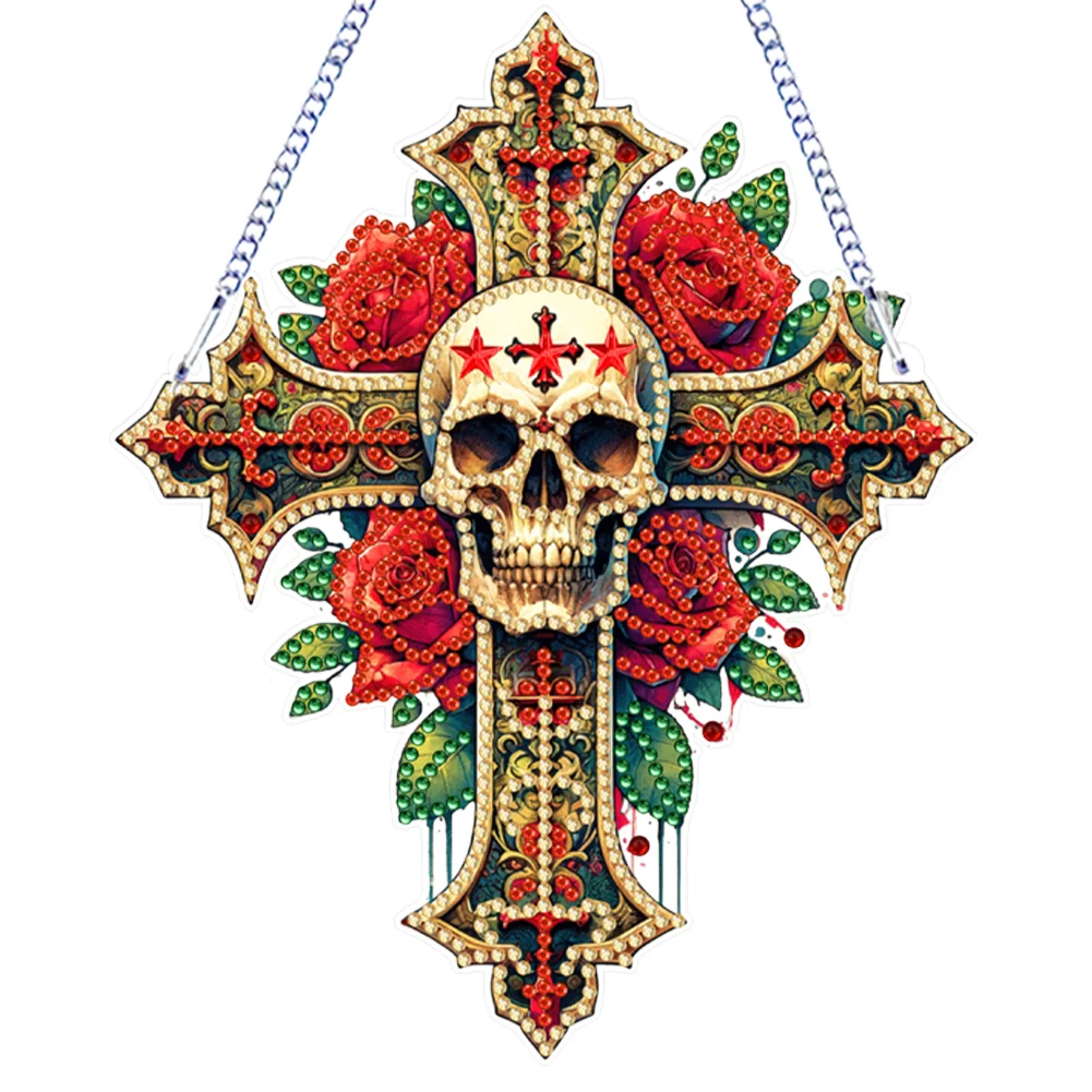 DIY Rose Skull Cross Acrylic Diamond Painting Hanging Pendant Home Decor