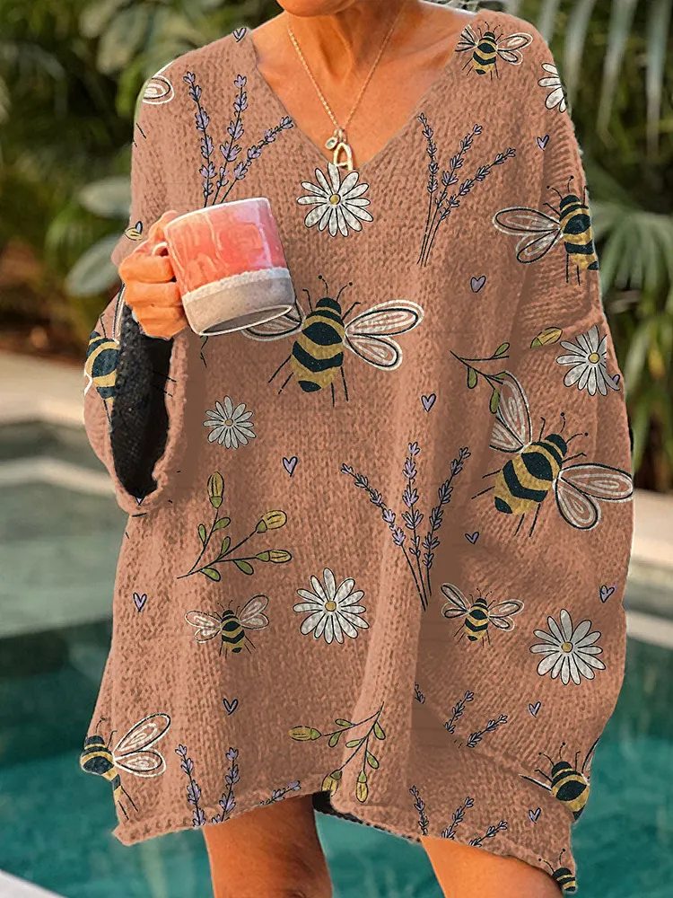Women's Vintage Bee Floral Art Print Casual Pullover Sweater