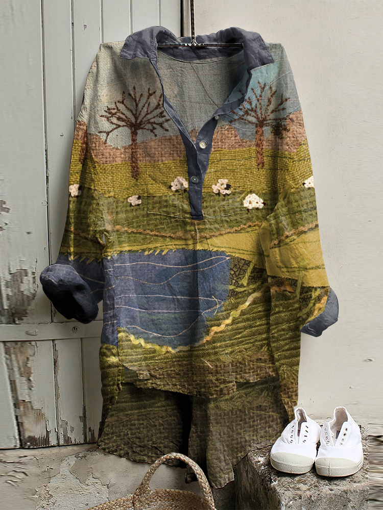 Comstylish Sheep Farm Patchwork Embroidery Art  Linen Blend Tunic