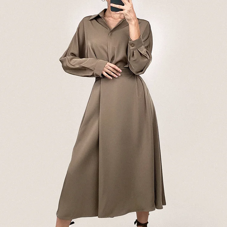 Brown Surplice Pleat Detail A-Line Maxi Shirt Dress QueenFunky