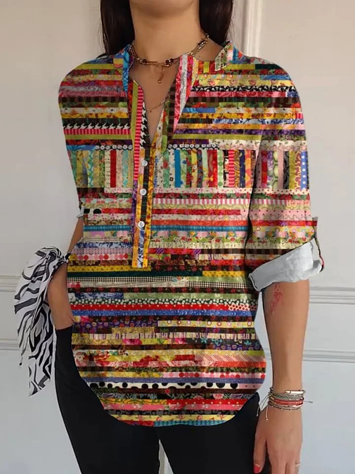 Colorful Quilt Pattern Printed Women's Casual Long Sleeve Comfortable Cotton Shirt