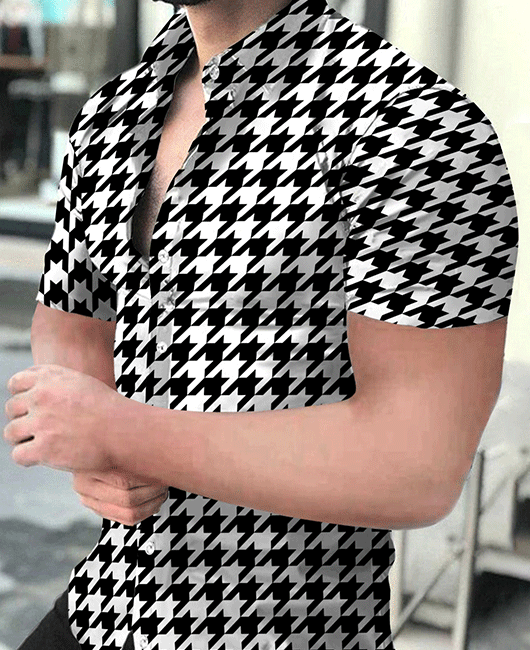 Casual Houndstooth Lapel Collar Short Sleeve Button Shirt