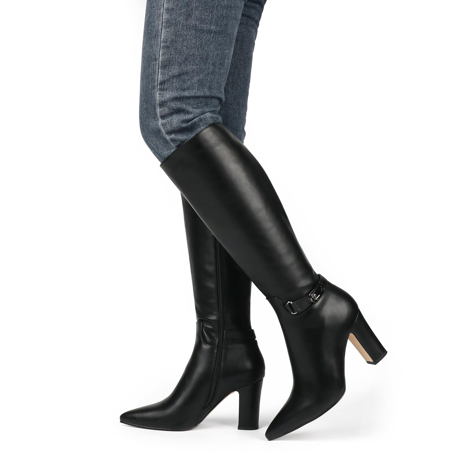 85mm/3.35 inch Women's matte high heel pointed toe buckle style casual zipper knee high boots-vocosishoes