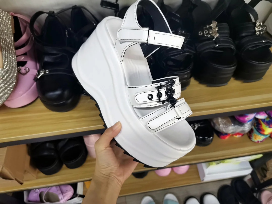 Goth Brand Black Wave 13  Bat Platform Open Toe Wedges Hook Loop Patent Pu Women Sandals 2021 Leisure Casual Punk Sumemer Shoes