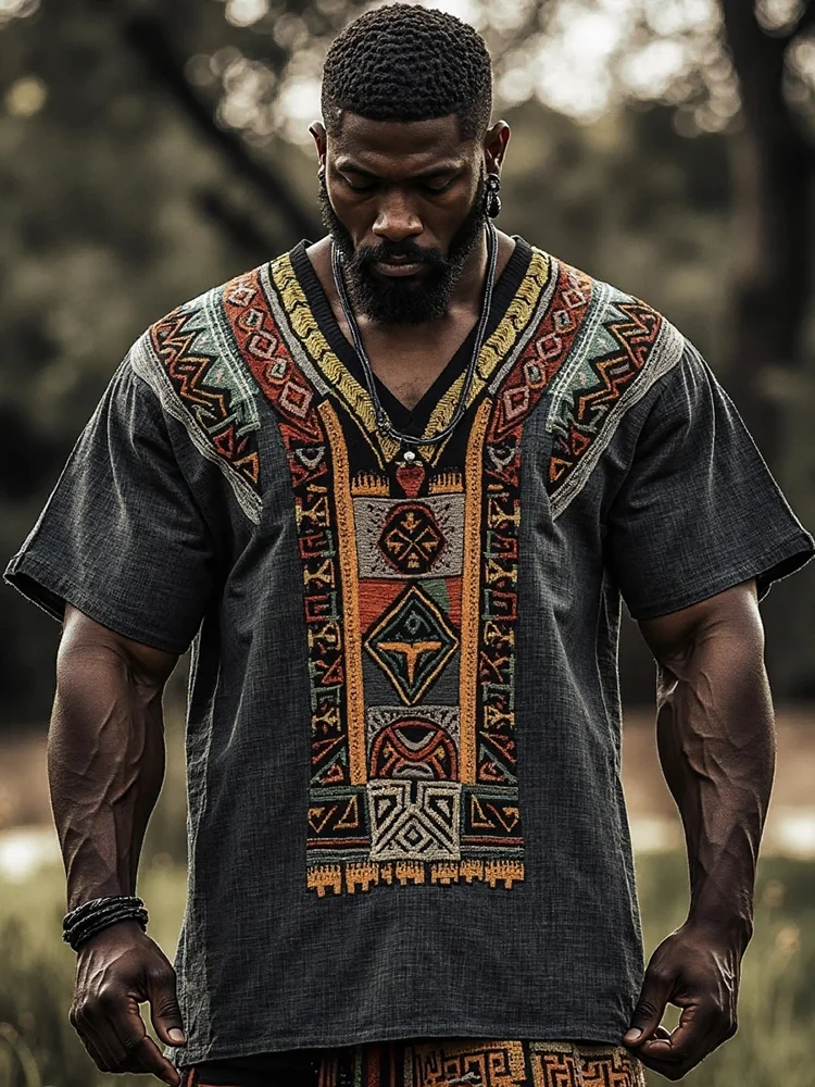 Men's Tribal Geometric Juneteenth Black Pride Art Print Linen T-shirt