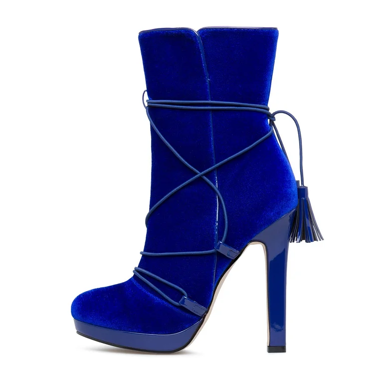 Royal Blue Velvet Closed Toe Platform Strappy Ankle Boots with Block Heels Vdcoo